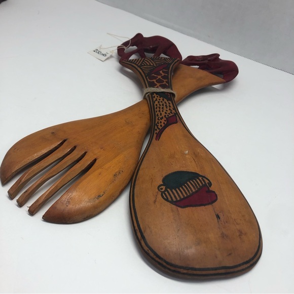 VTG African Hand Carved Wooden Elephant Trunk Down Salad Fork And Spoon - Picture 3 of 14